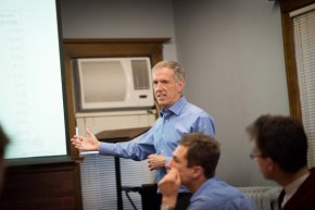 Northwestern’s Chief Investment Officer William McLean discusses NU’s endowment and assets at a meeting in April. (Daniel Tian/The frequent Northwestern)